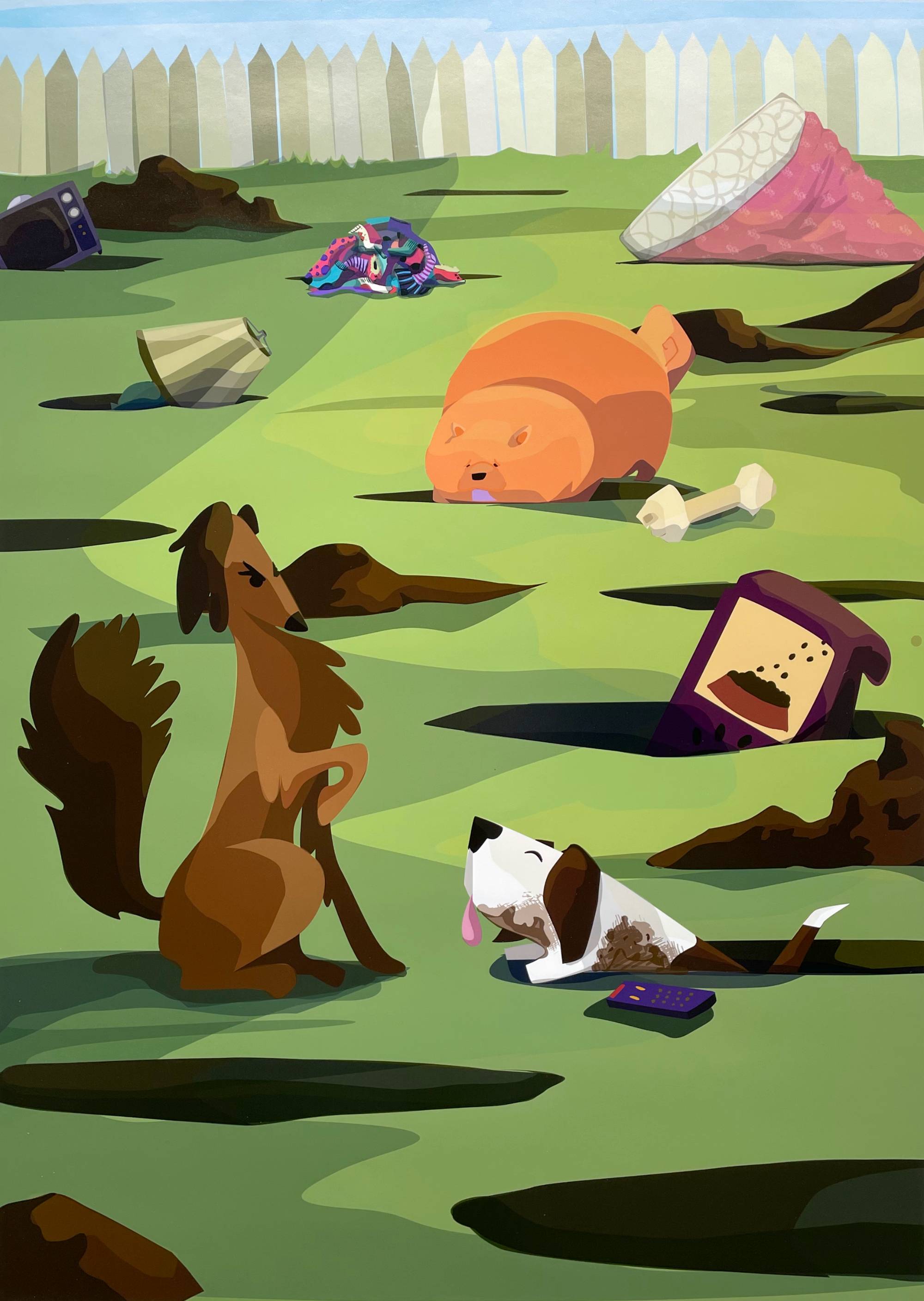 digital illustrations of dogs in a park